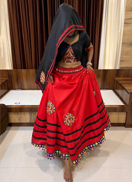 Buy Red Cotton Navratri Wear Mirror Work Ready To Wear Lehenga Choli