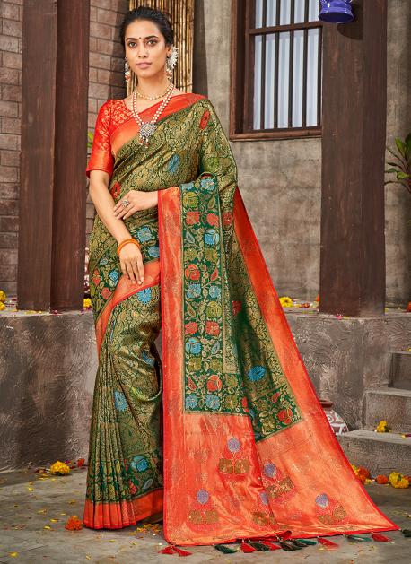 Buy Green Brocade Silk Wedding Wear Weaving Saree Online From Wholesale