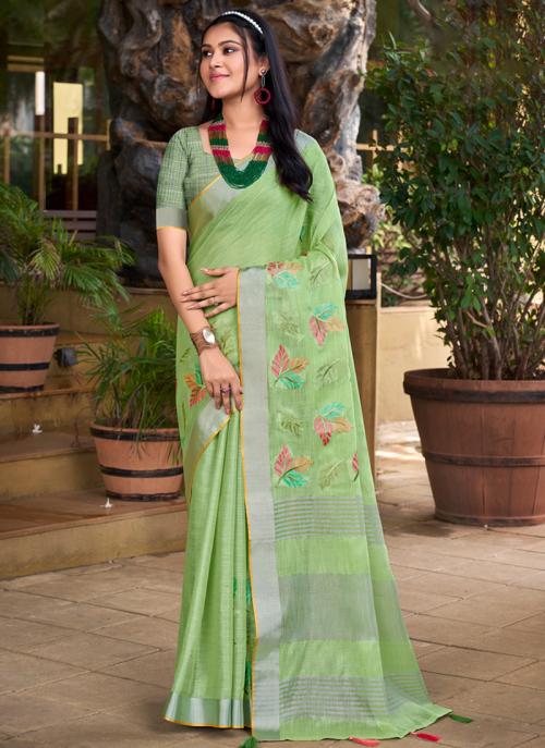 Buy Pista Green Linen Festival Wear Weaving Saree Online From Wholesale