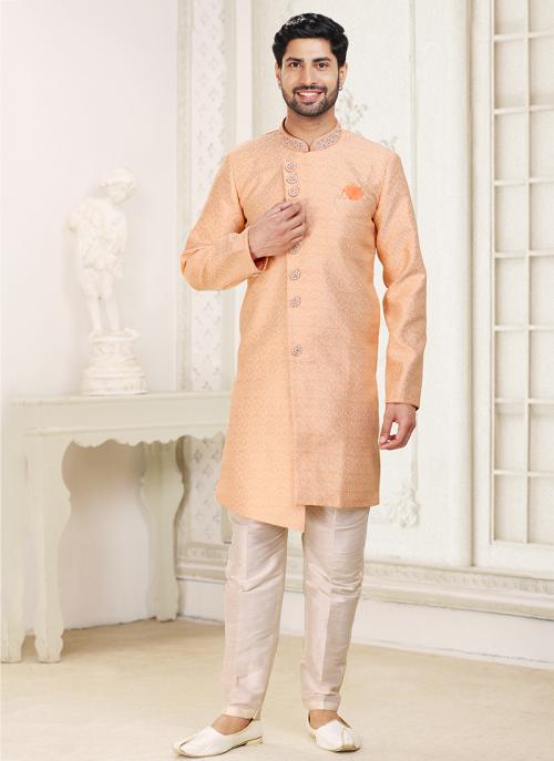 Buy Peach Banarasi Jacquard Wedding Wear Weaving Indo Western Sherwani