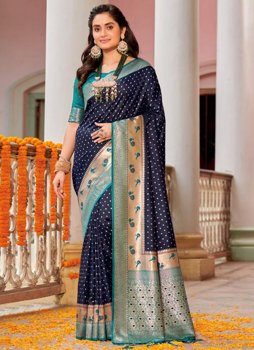 Buy Navy Blue Banarasi Silk Festival Wear Weaving Saree Online From