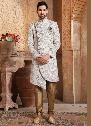 Silver Grey Jacquard Silk Brocade Nawabi Indo Western - ROY345611R