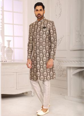 Silver Grey Jacquard Silk Brocade Nawabi Indo Western - ROY345611R