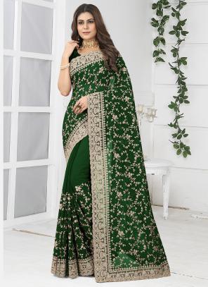 Bottle Green Georgette Reception Wear Coding Work Saree KALYANI 6875