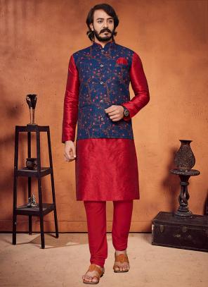 Mag Men's Red Matching Kurta Churidar With Gold Waiscoat For Men  (RG-19459-36) - MAG - 3797642