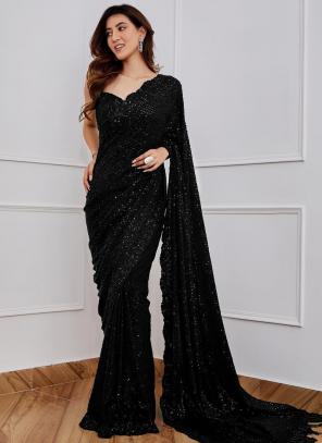 Buy Black Sequins Embroidered Georgette Saree Online | Samyakk