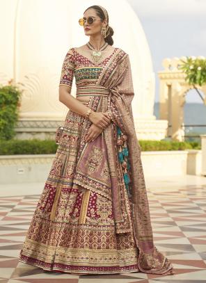 Buy Dark Pink Rajwadi Silk Engagement Wear Mirror Work Lehenga