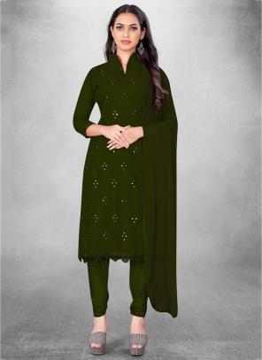 Buy Bottle Green Georgette Daily Wear Mirror Work Churidar Suit