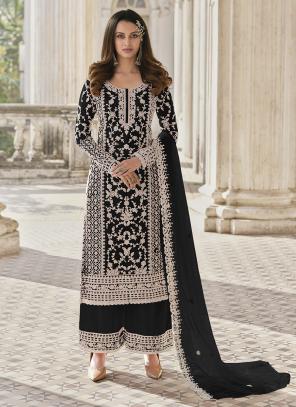 Buy Black color Velvet Palazzo Salwar Suit with Embroidered work Online :  New Zealand -