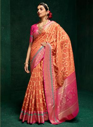 Brown Printed With Pleated Border Cotton Silk Saree