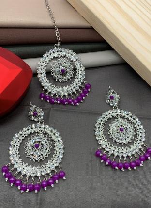 Purple Stone Earrings With Maang Tikka 35%20B