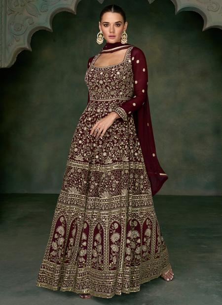 Maroon Faux Georgette Wedding Wear Embroidery Work Gown With Dupatta NAYAAB 5350D