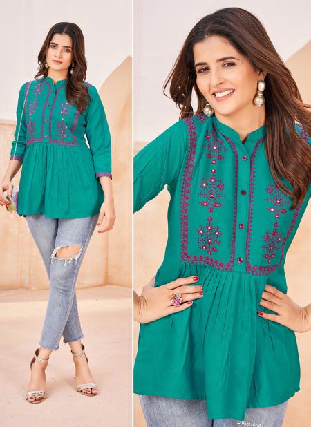 Sky%20Blue Rayon Casual%20Wear Embroidery%20Work Top BUBBLY 1001