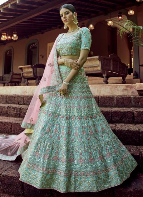 Lehenga Choli : Sky blue soft net sequence resham work ceremonial ...