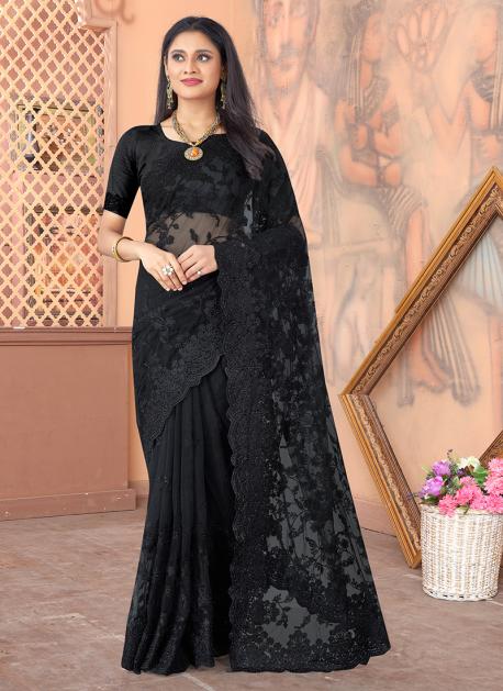 Buy Black Stone Satin Designer Saree Online