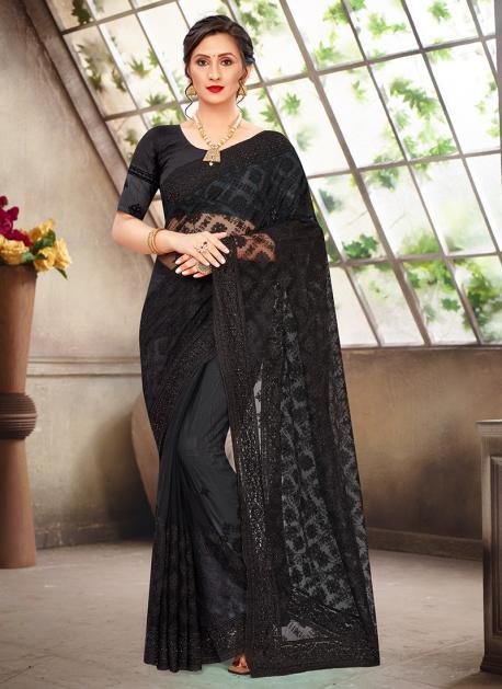 Black Color Saree in Georgette With Star Hot Fix Stone Work and Blouse in  USA, UK, Malaysia, South Africa, Dubai, Singapore