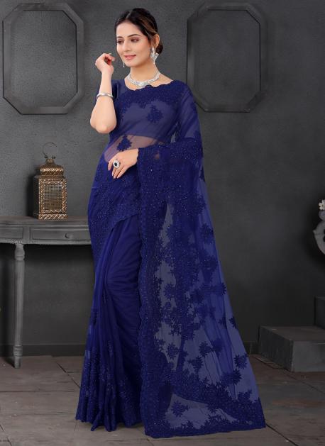 Deep cove blue Saree in Net with Stone with moti - SR18033