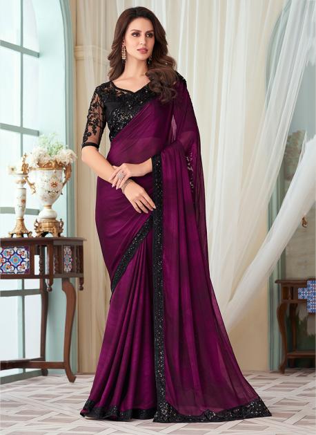 Buy Wine Burberry Silk Party Wear Embroidery Work Saree Online From  Wholesale Salwar.