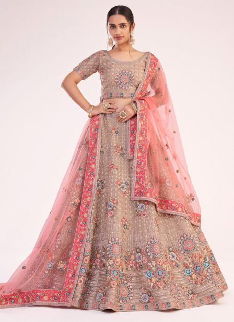 Gold Soft Net Lehenga Choli with thread and sequins work-Clo