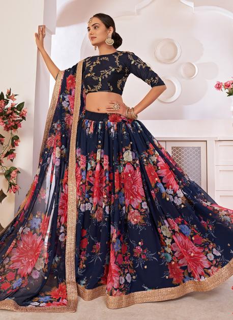White & Pink Foil Printed Georgette Party Wear Lehenga C