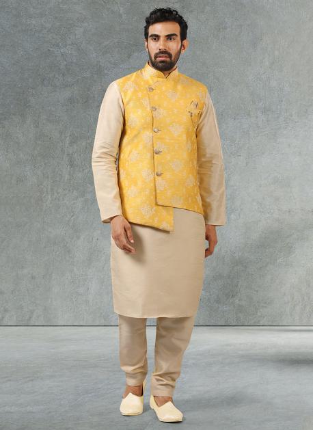 Buy Lemon Drop Yellow Self Patterned Kurta Jacket Set Online in India  @Manyavar - Kurta Jacket Set for Men