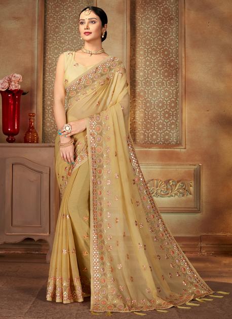 Yellow Floral Thread work Chiffon Saree