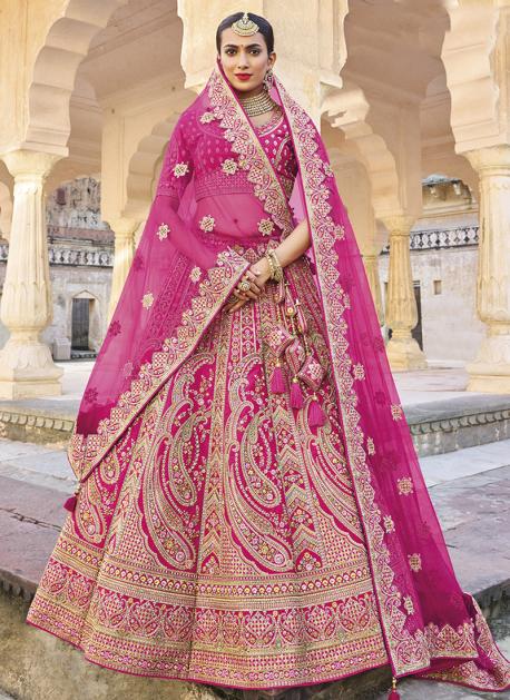 Buy Dark Pink Silk Bridal Wear Heavy Embroidery Lehenga Choli Online From Wholesale Salwar