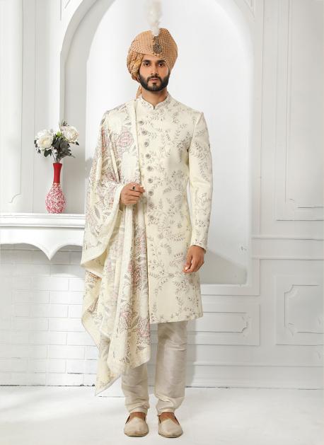 Shop Green N Cream Art Silk Indowestern Sherwani Wedding Wear Online at  Best Price | Cbazaar