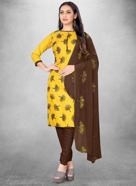 Indian Ladies Printed Pure Cotton Fabric Stylish Yellow And Grey Suit Salwar,  3/4 Sleeve at Best Price in Badnawar | Naseef Collection