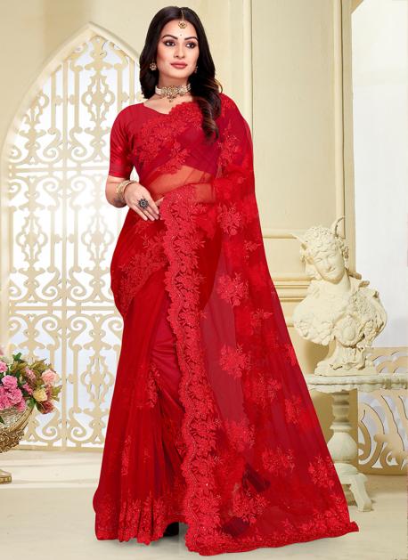 Embroidered Net Red Wedding Saree with Blouse - SR25118