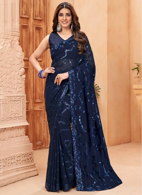 Blue Georgette Saree with Hot Fix Border and Mono Silk Blouse – Anarkalion