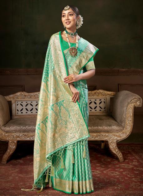 Buy Teal Banarasi Silk Traditional Wear Weaving Saree Online From ...