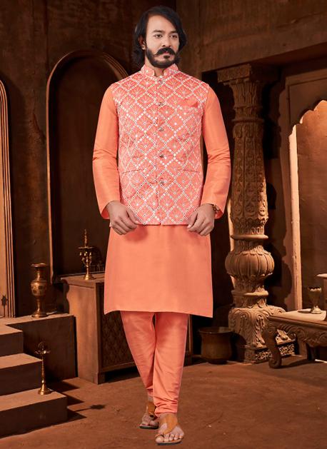Buy Orange Pure Silk Traditional Wear Mirror Work Modi Jacket Kurta Pajama Online From Wholesale Salwar