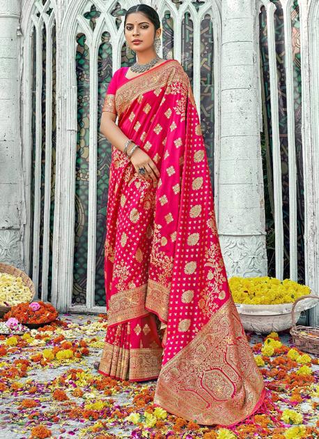 Sangam Prints Cream Banarasi Silk Woven Work Traditional Tassels Saree -  Sangam Prints - 4226062