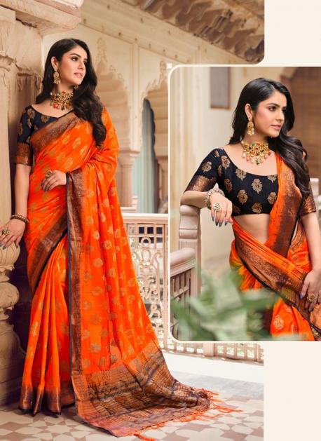 Buy Orange Raw Silk Traditional Wear Weaving Saree Online From