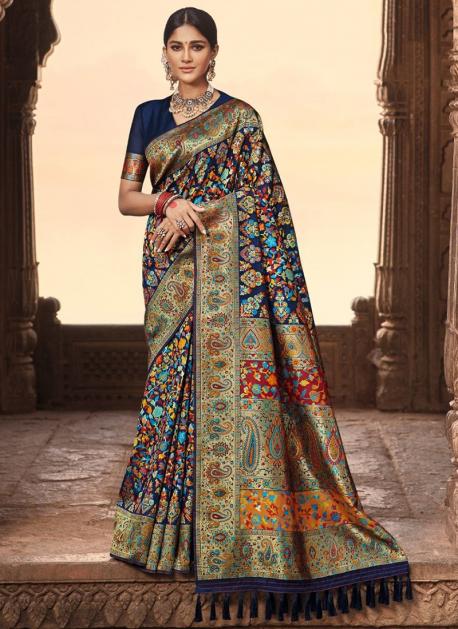Buy Navy Blue Banarasi Silk Wedding Wear Paithani Saree Online From  Wholesale Salwar.