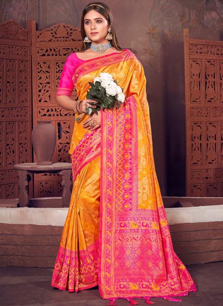 Yellow Kanjivaram Saree with Pink Border – WeaveinIndia