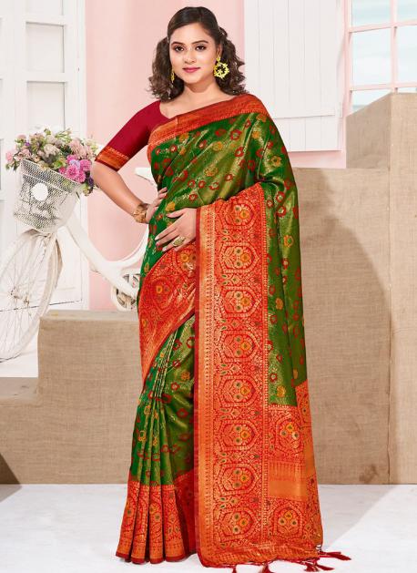 Embroidery Work Green Blouse With Orange Color Heavy Weaved Silk Saree