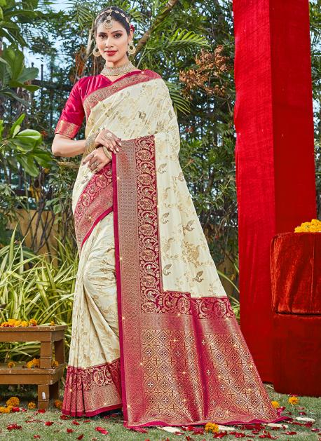 Shwenila Cream Pink Woven Banarasi Pure Silk Saree Price in India - Buy  Shwenila Cream Pink Woven Banarasi Pure Silk Saree online at shwenila.com