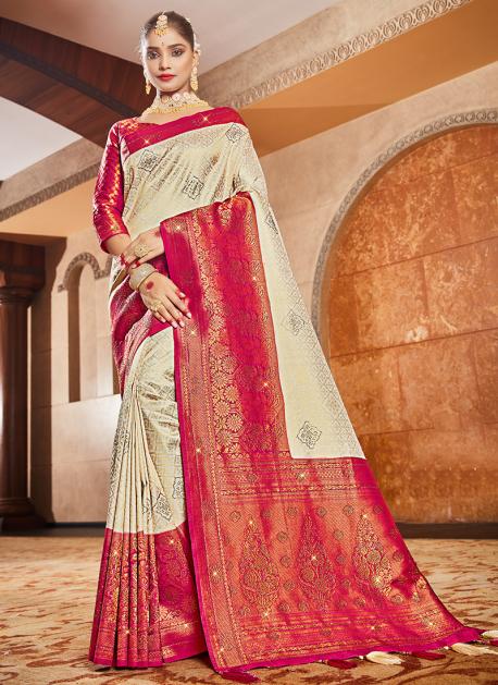 Stunning Pink Colour Saree With Navy Blue Mina & Heavy Brocade Blouse –  TULIP DESIGNER