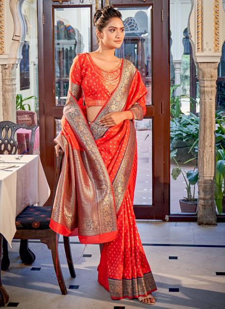 Buy Orange Banarasi Silk Traditional Wear Weaving Saree Online From Wholesale Salwar 8187