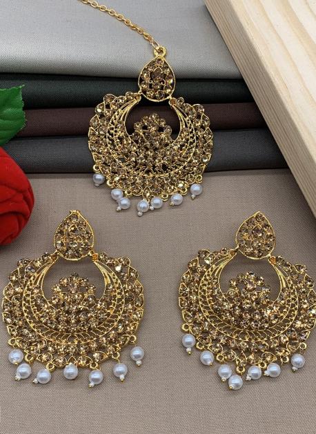 Faint gold finish Earring/jhumka/Dangler with Mang Tikka with Wine Col –  Griiham