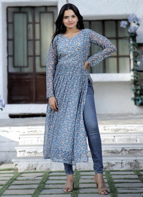 Grey Embroidered Party Wear Kurti