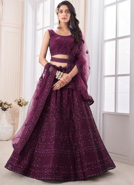 Embroidered Net Lehenga in Wine | Party wear lehenga