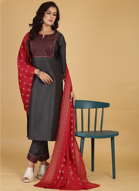 Grey Cotton Traditional Wear Embroidery Work Dress Material