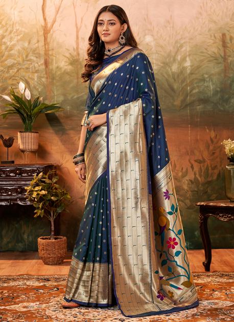 Navy Blue Paithani Silk Saree With Blouse – Bahuji - Online Fashion &  Lifestyle Store