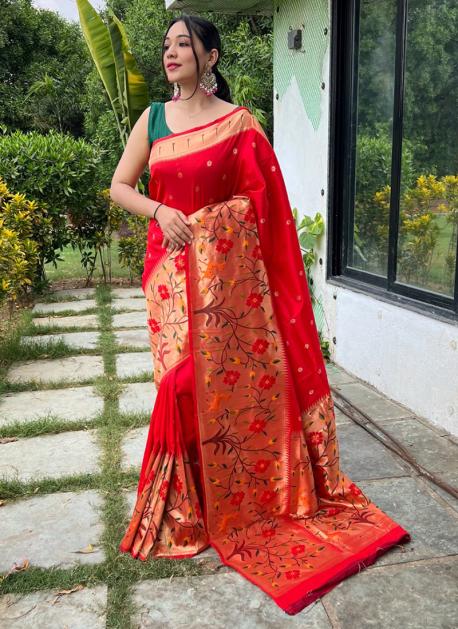 Red Paithani Saree With Zari Weaving Work in 2023 | Raw silk saree, Saree, Silk  saree blouse