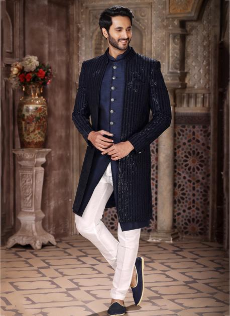 Men's Peach Nawabi Indo Western Sherwani With Art Silk Pant