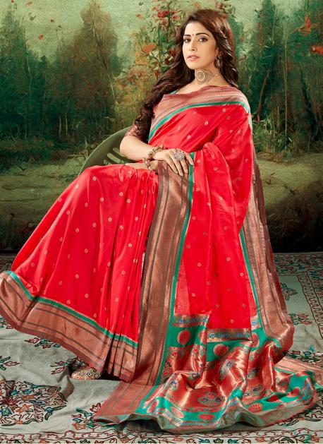 Olive Green & Red Ethnic Motifs Zari Paithani Brasso Silk Saree