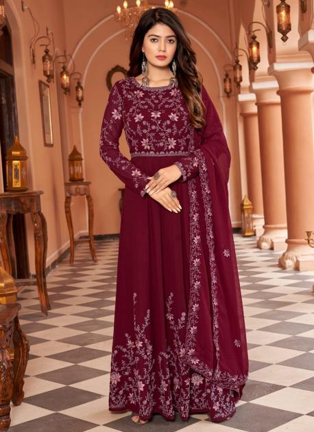 Pink georgette embroidery indian party gown with dupatta - 2024 maxi gown , party wear dress - black and multi colour pary gown